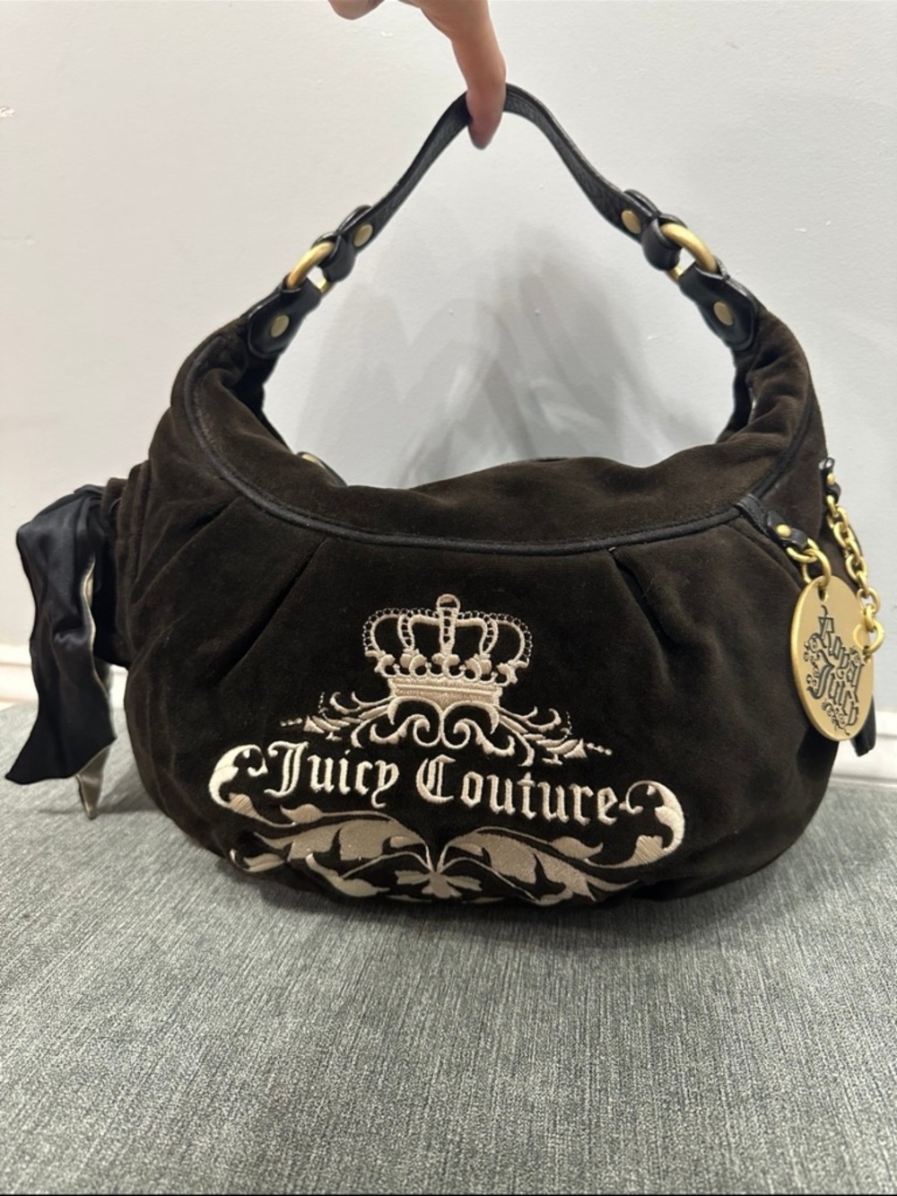 Juicy Couture Brown Suede Hobo Bag with Embroidered Crest